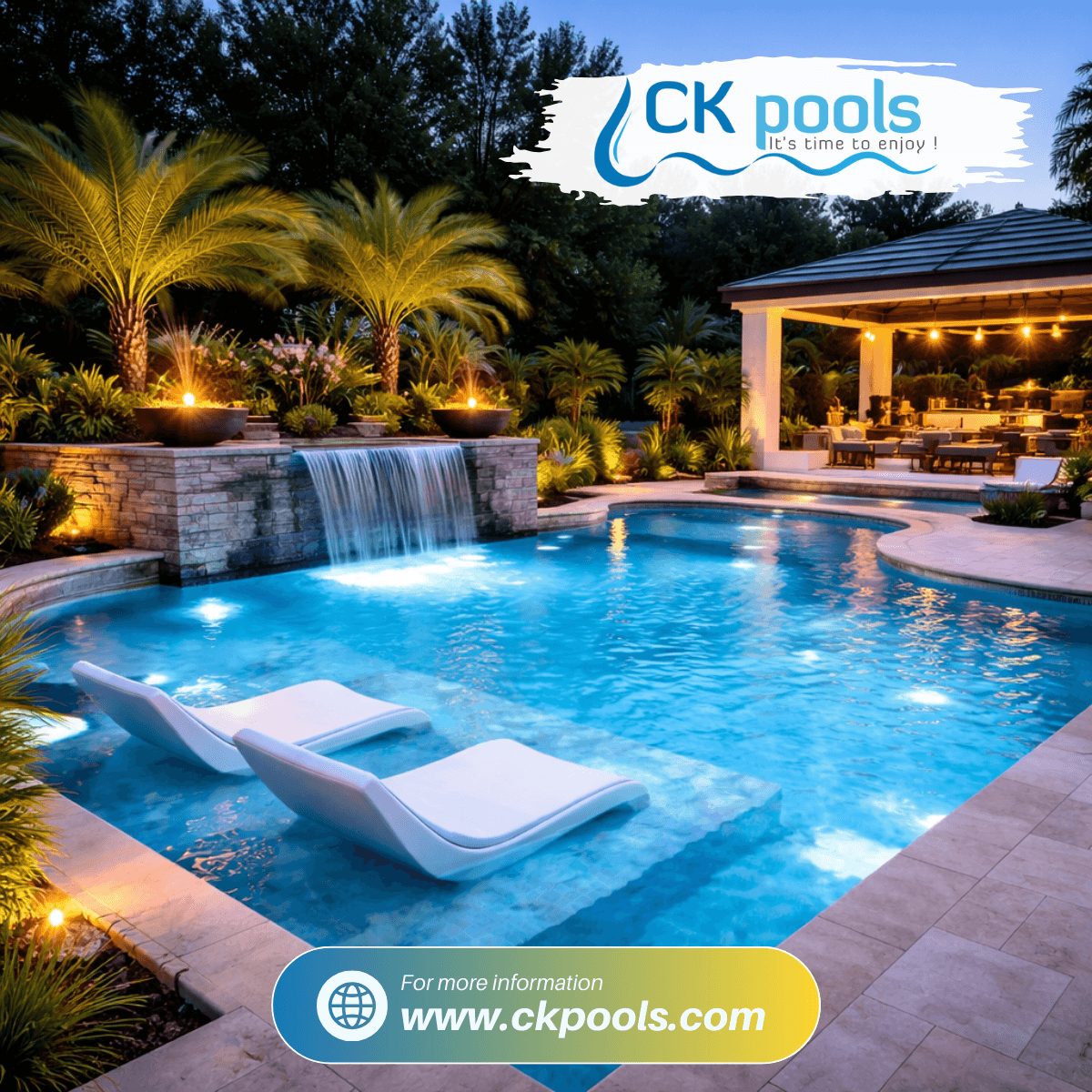 Modern residential swimming pool design featuring geometric lines, tanning ledge, LED lighting, and outdoor living space