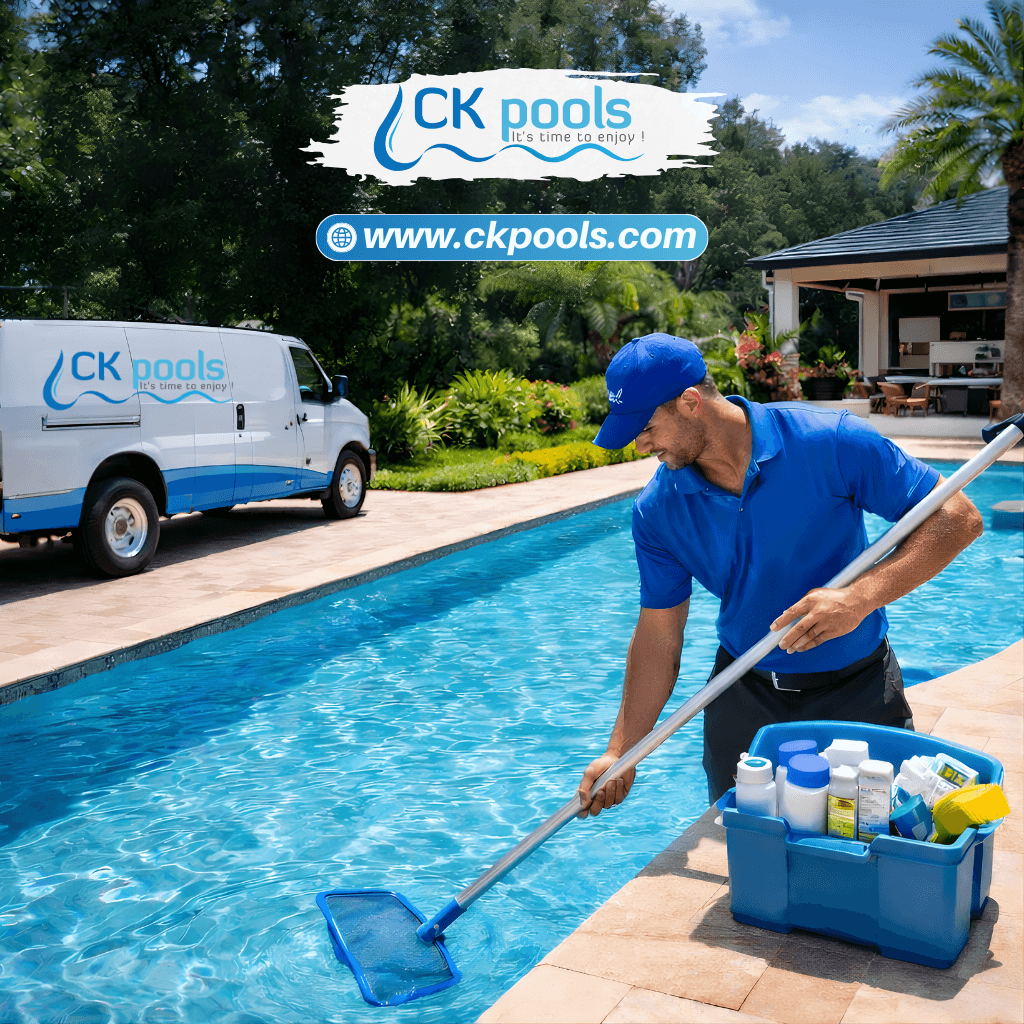 Professional pool cleaning service performing routine maintenance and water quality care for a residential swimming pool