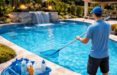Professional pool maintenance service with technician cleaning a residential swimming pool in Texas